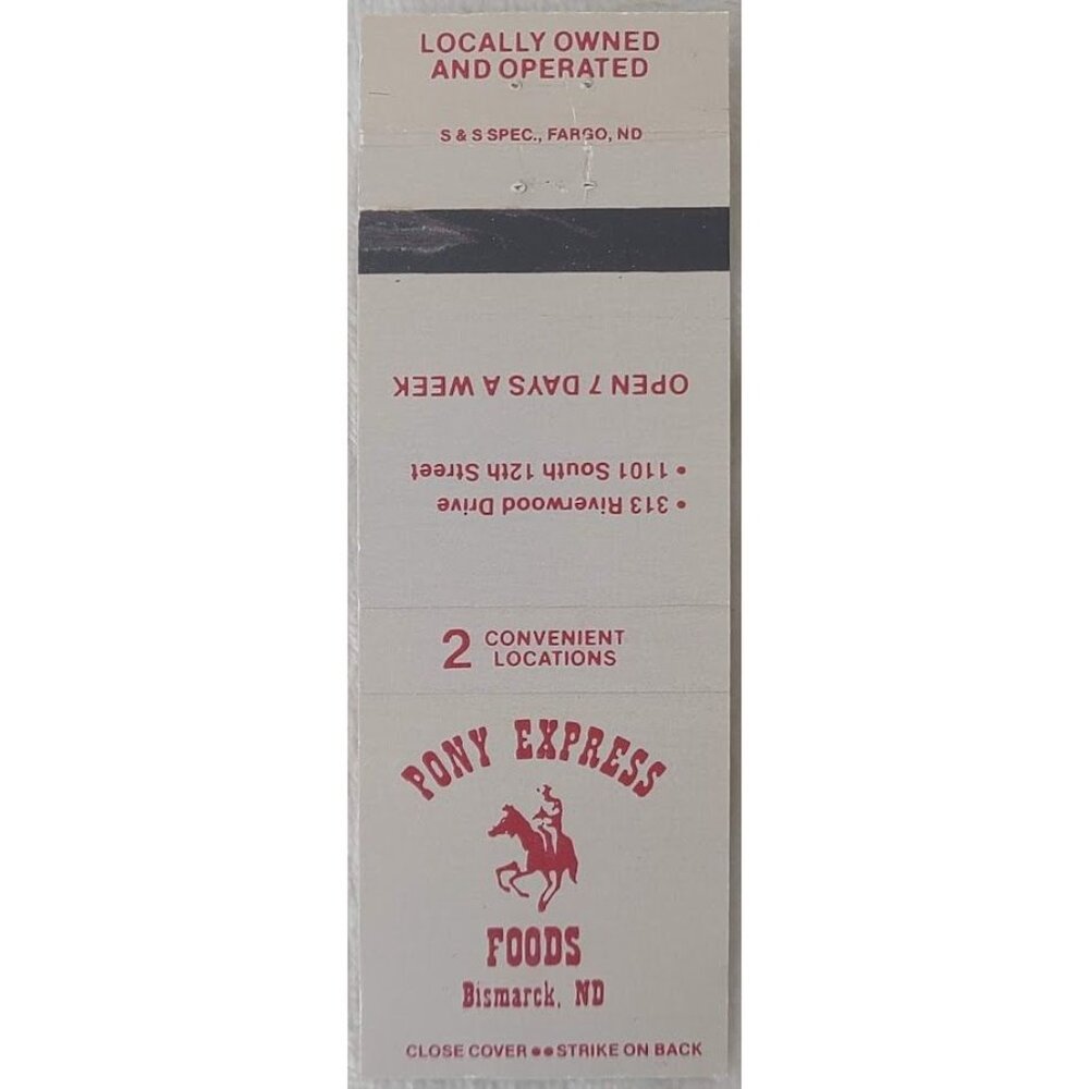 Matchbook Cover Pony Express Foods Bismarck ND North Dakota White Red Text